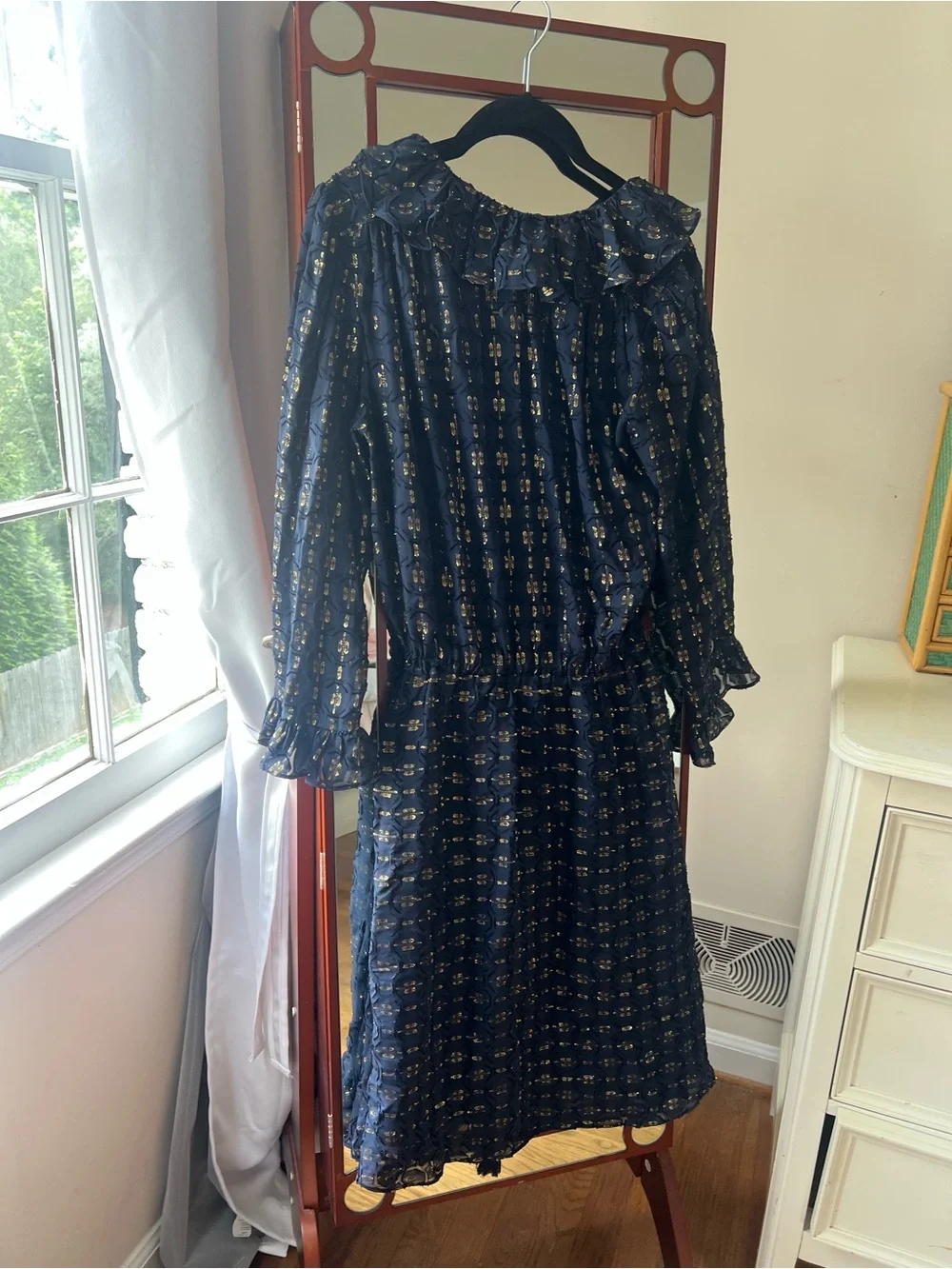 Tory Burch Navy Metallic Clip Dot Ruffle Midi Dress Size 6